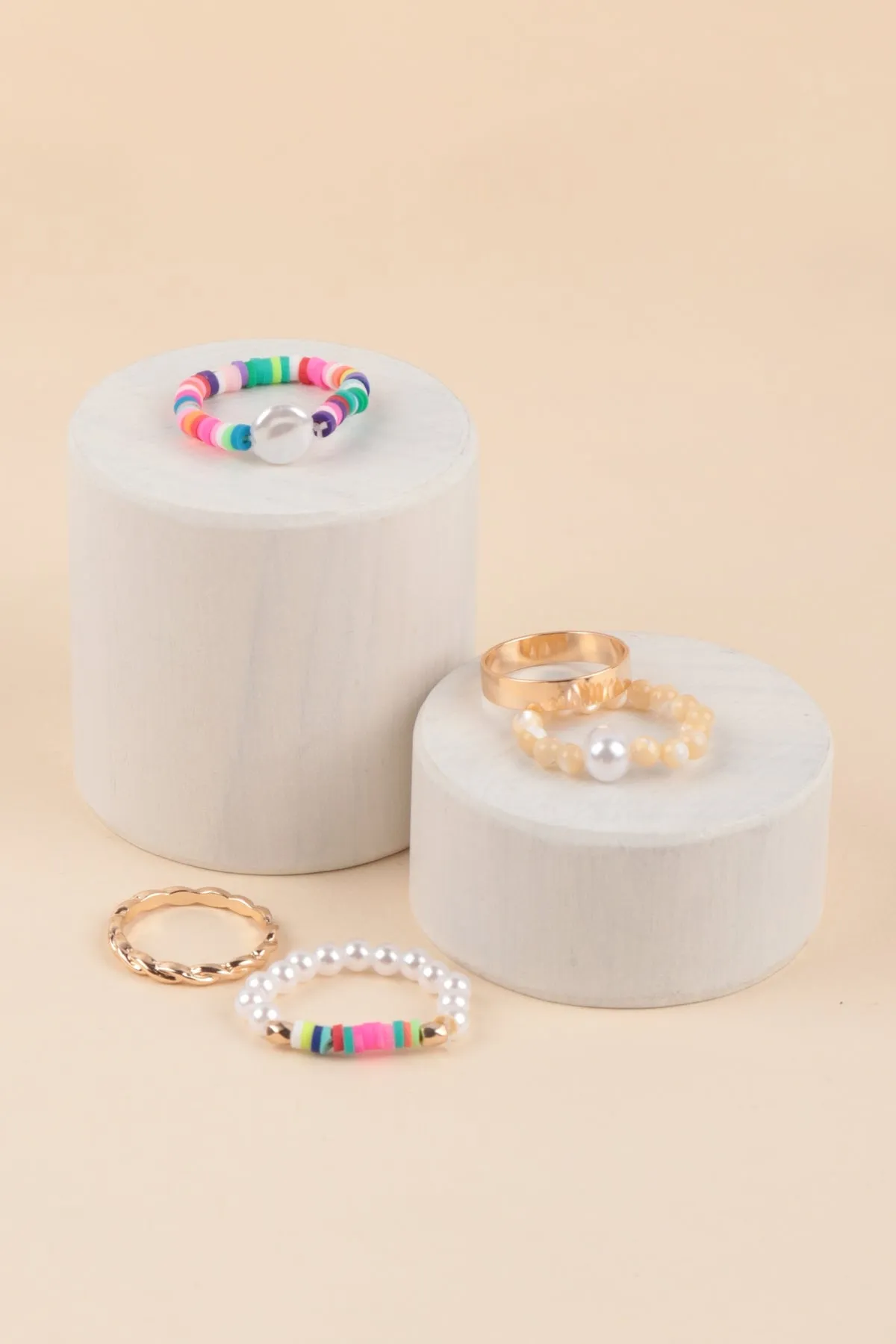 FIMO PEARL BEADED TWISTED ASSORTED 5PCS RING SET