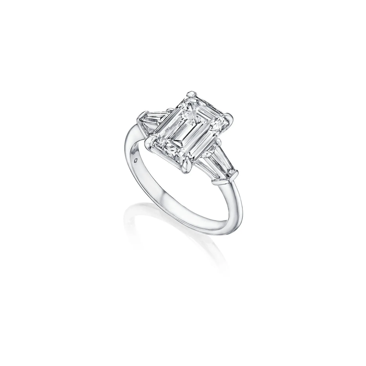 Fink's Exclusive Platinum Emerald and Baguette Side Stone Engagement Ring