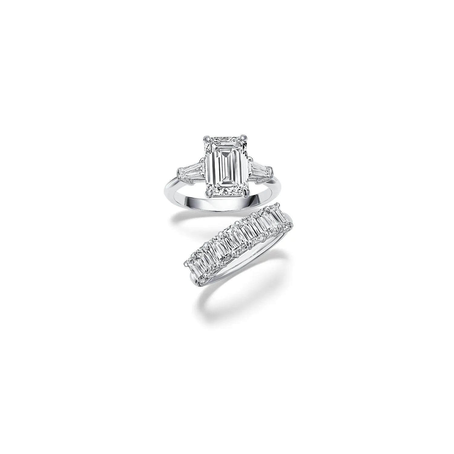 Fink's Exclusive Platinum Emerald and Baguette Side Stone Engagement Ring