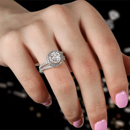 FLASH SALE- 2.0ct Round Cut Halo Insert Wedding Ring Set
