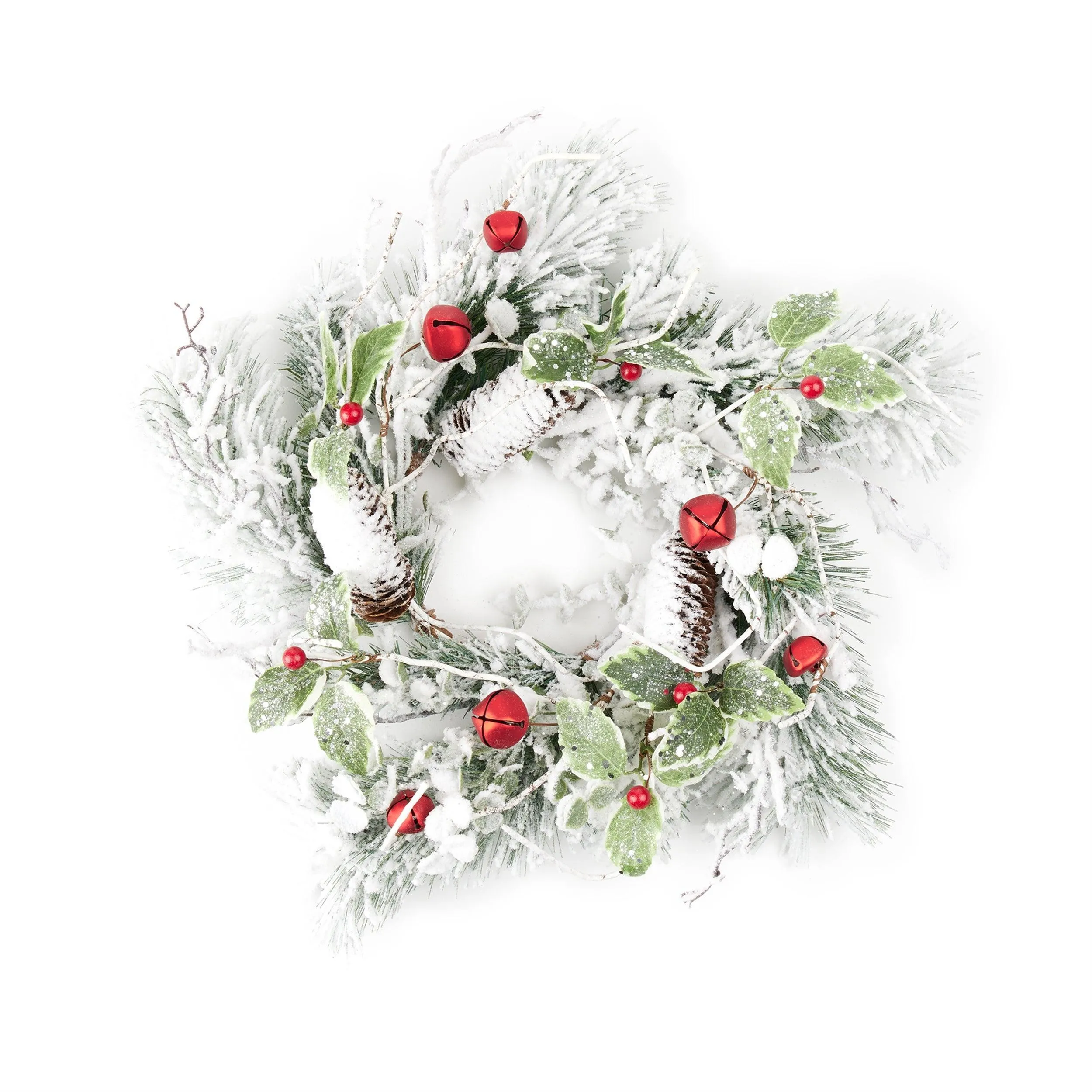 Flocked Pine Holly Sleigh Bell Candle Ring 18"D