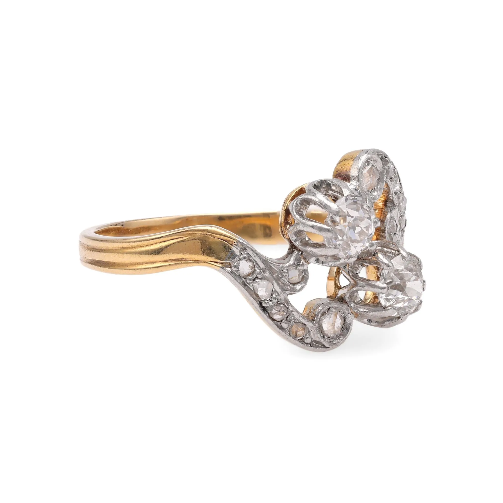 French Belle Epoque Diamond Yellow Gold Toi Et Moi Ring