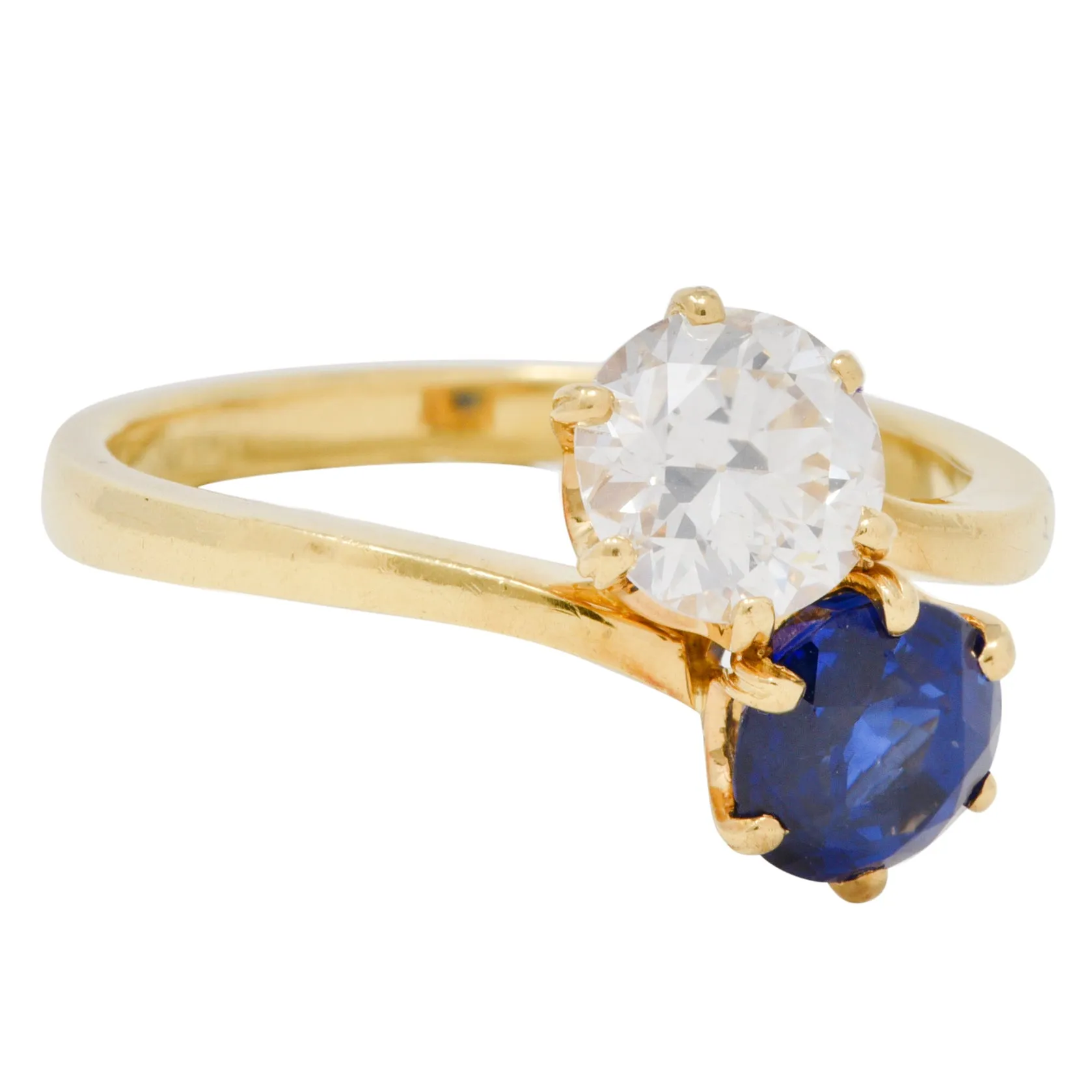 French Victorian Diamond Sapphire 2.04 CTW 18 Karat Gold Toi-Et-Moi Antique Ring
