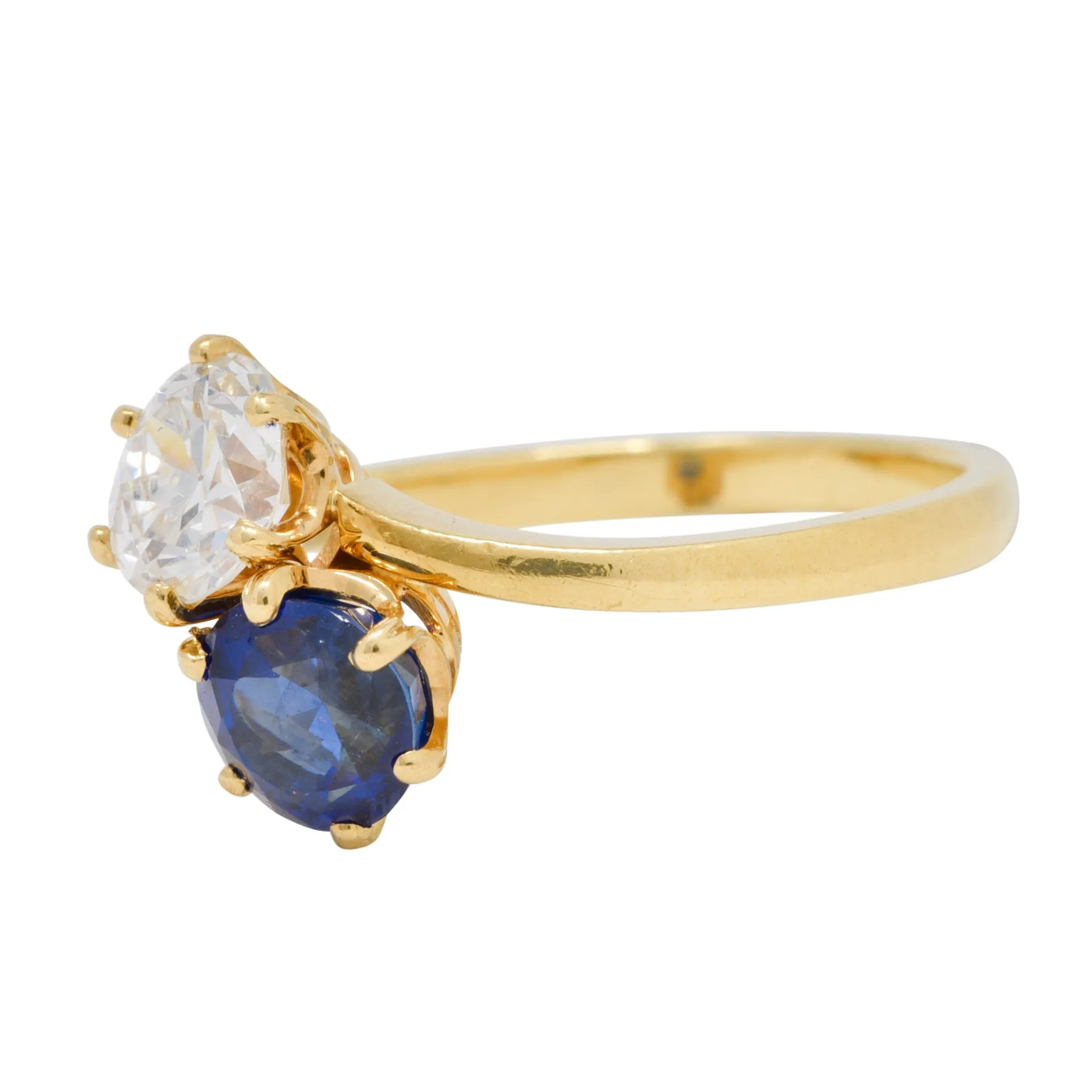 French Victorian Diamond Sapphire 2.04 CTW 18 Karat Gold Toi-Et-Moi Antique Ring