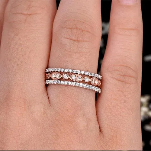 Full Eternity 3PC Stacking Wedding Band Set In Rose Gold