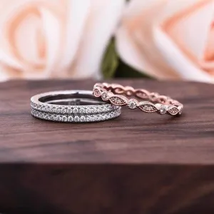 Full Eternity 3PC Stacking Wedding Band Set In Rose Gold