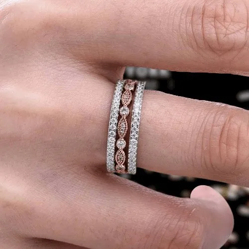 Full Eternity 3PC Stacking Wedding Band Set In Rose Gold