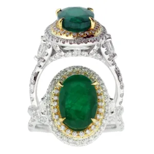 Genuine Natural Emerald & Diamond, 18 Karat two tone Gold Ring
