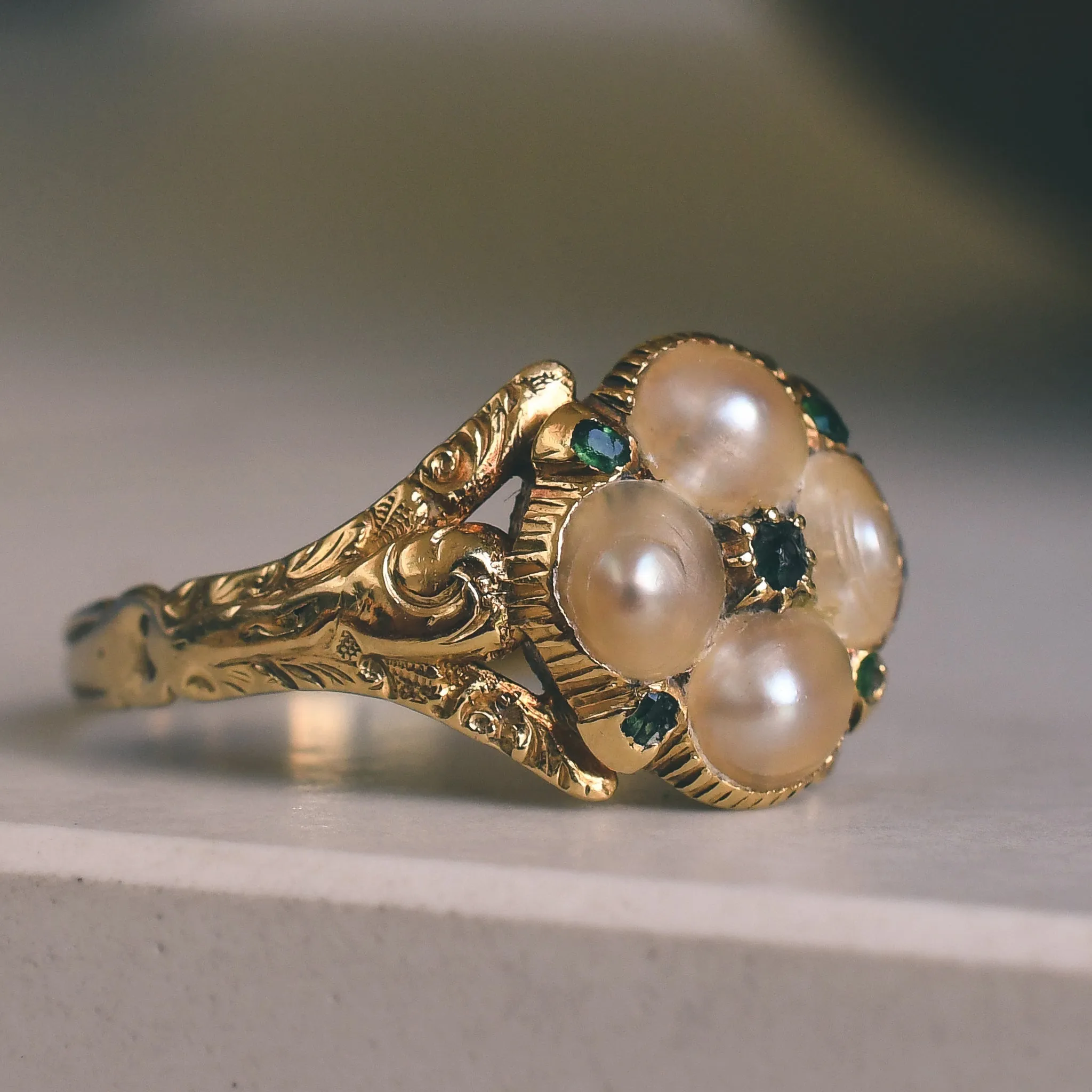 Georgian Pearl & Emerald Cluster Ring
