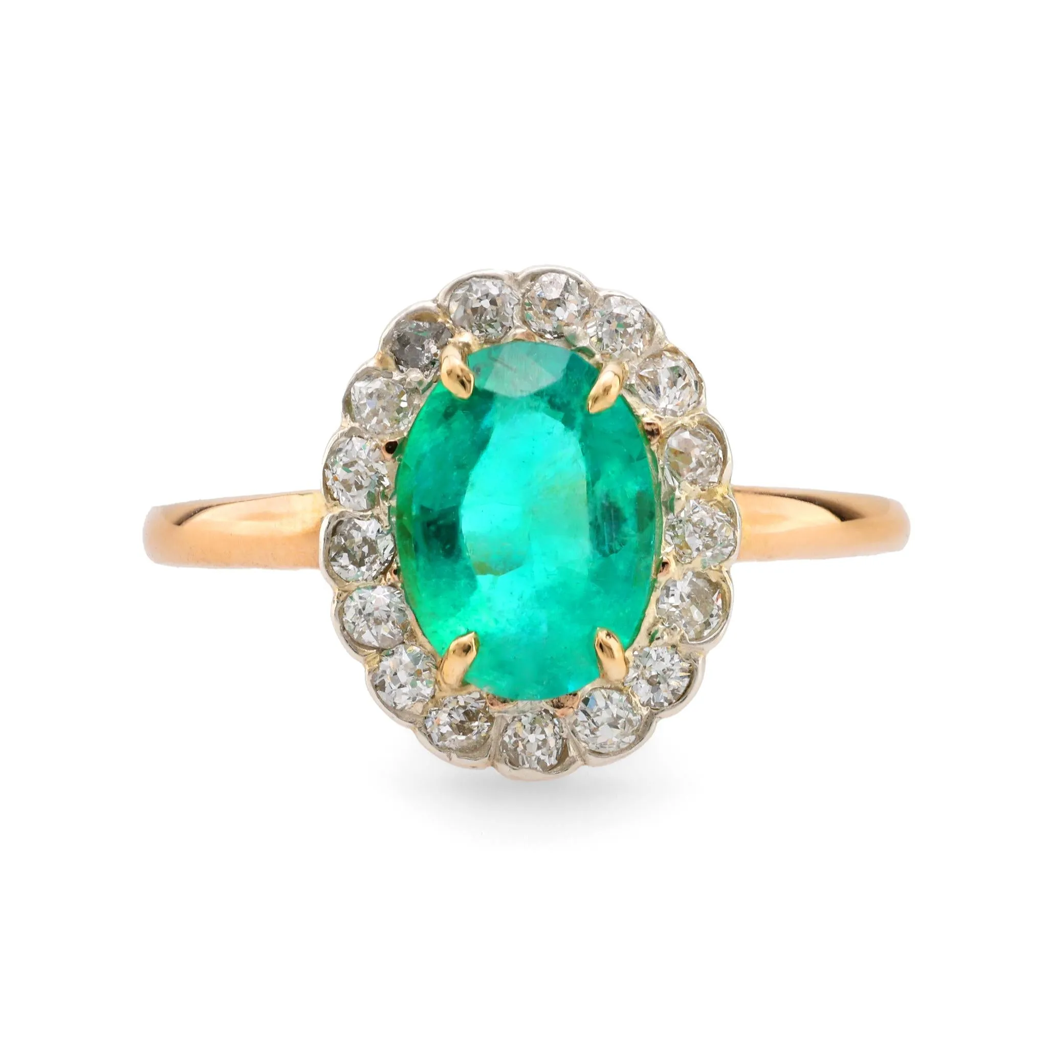 GIA 1.40 carat emerald diamond 14k yellow gold silver cluster ring