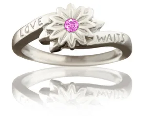 Girl's Purity Ring - Love Waits Flower with Pink Sapphire in Silver