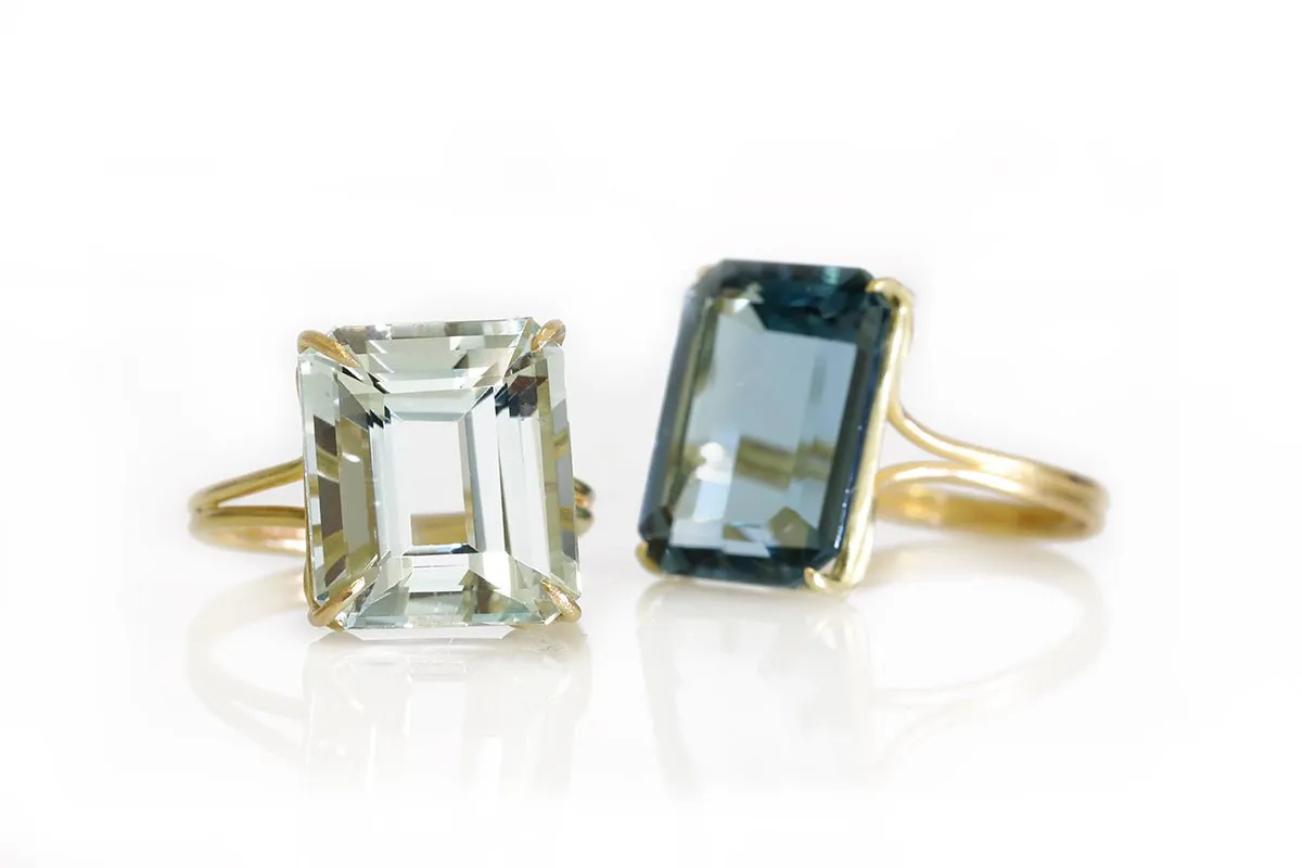 Gold and Emerald Cut London Blue Topaz Ring