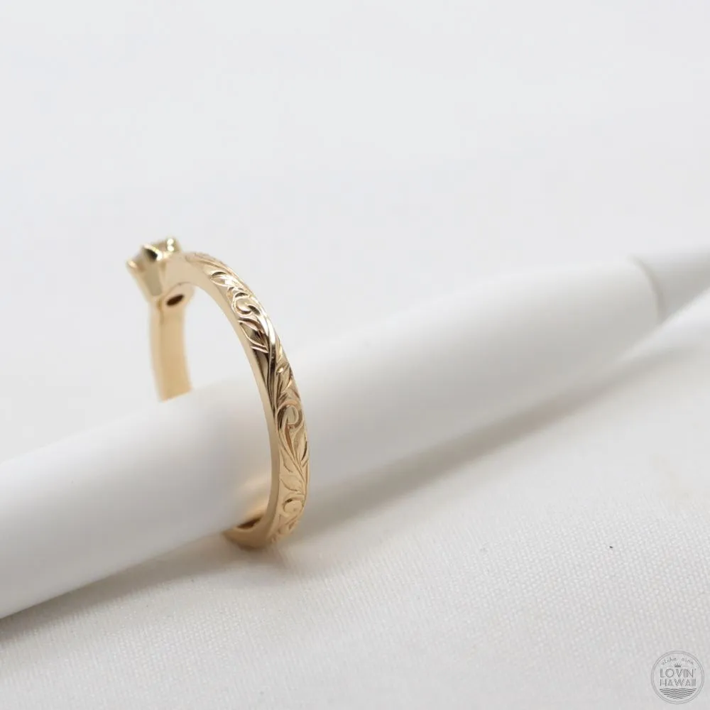 Gold Engagement Ring With Diamond, Engraved With Plumeria Flower (2mm width)