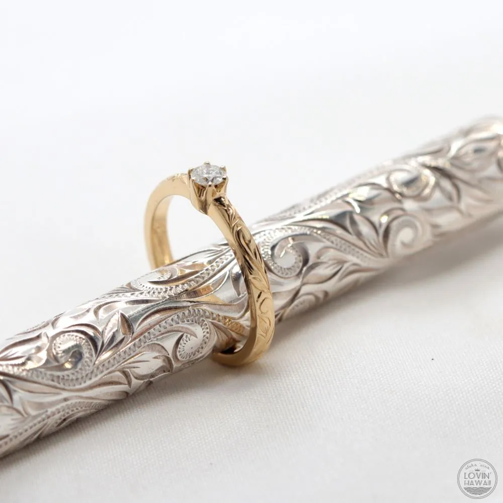 Gold Engagement Ring With Diamond, Engraved With Plumeria Flower (2mm width)