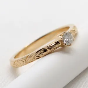 Gold Engagement Ring With Diamond, Engraved With Plumeria Flower (2mm width)