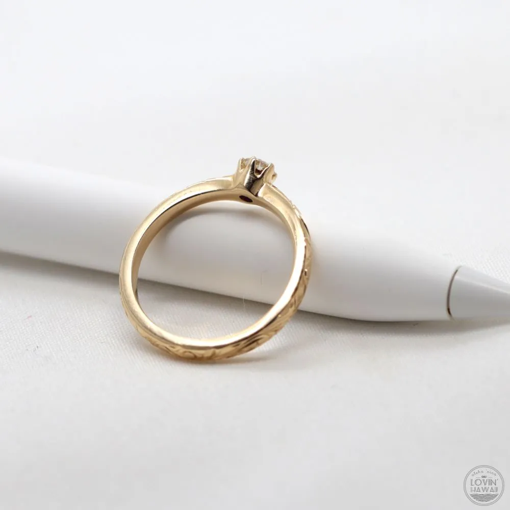 Gold Engagement Ring With Diamond, Engraved With Plumeria Flower (2mm width)