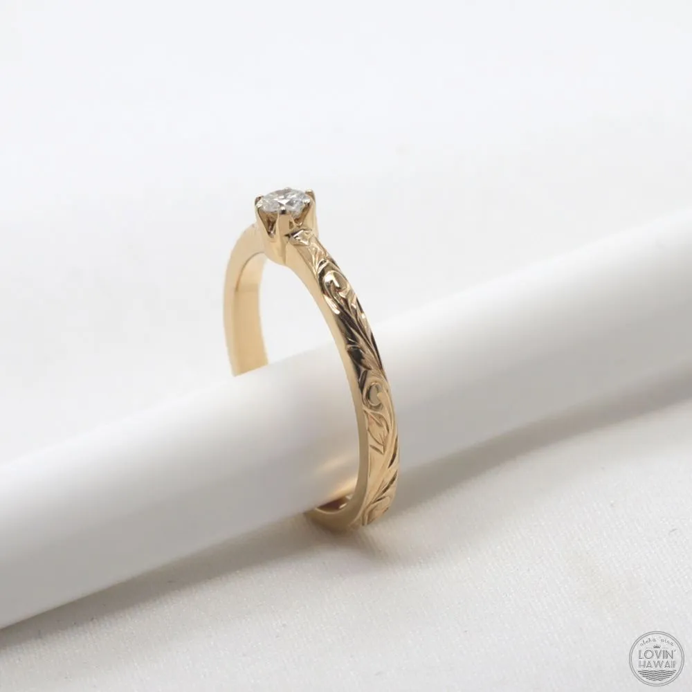 Gold Engagement Ring With Diamond, Engraved With Plumeria Flower (2mm width)