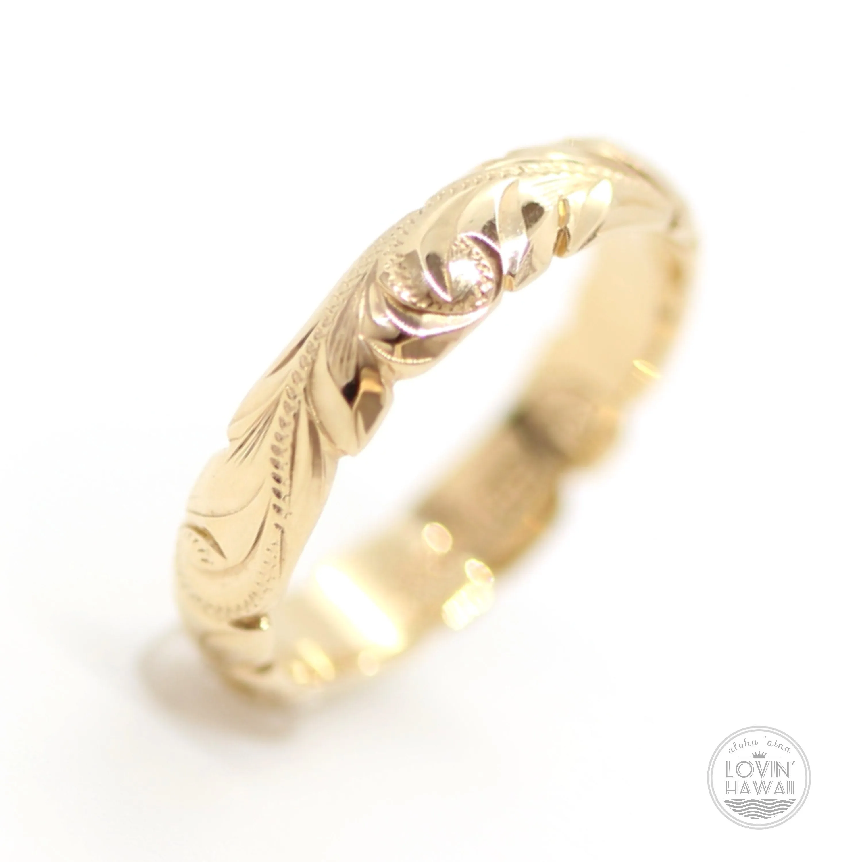 Gold Hawaii Wedding Rings, Hand Engraved Design (3mm Width, Barrel Type)