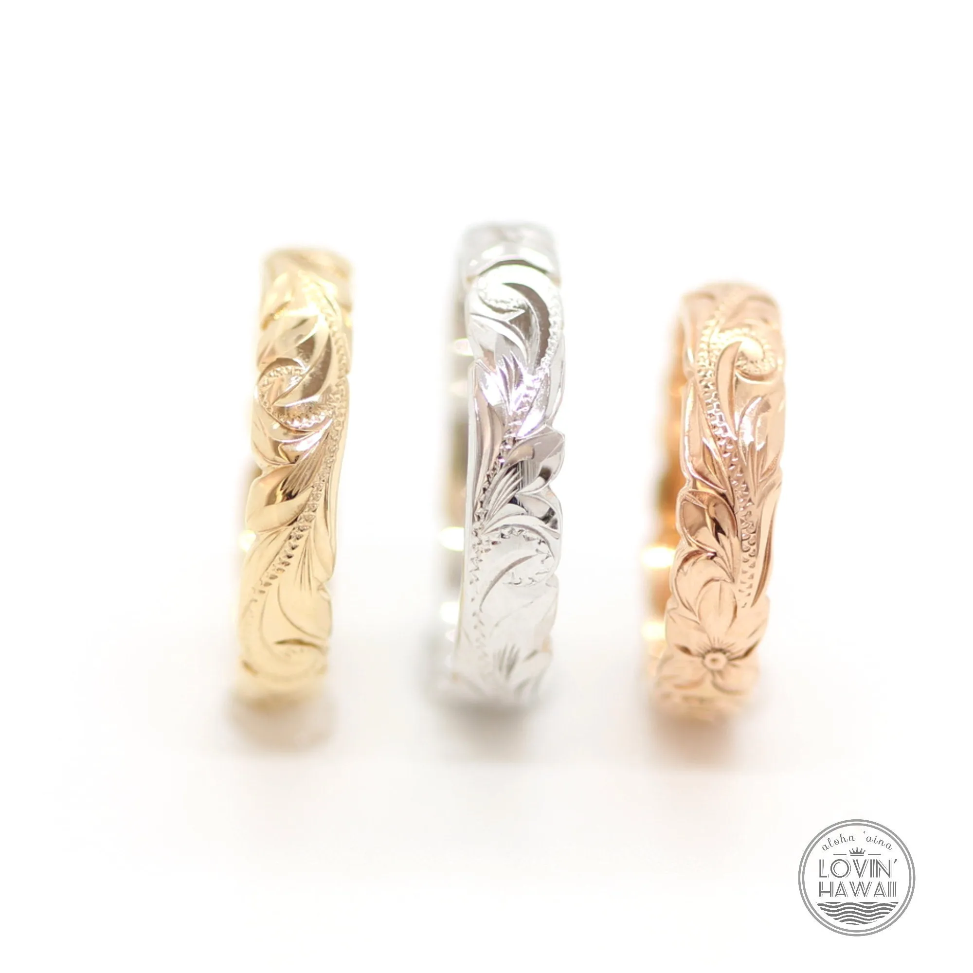 Gold Hawaii Wedding Rings, Hand Engraved Design (3mm Width, Barrel Type)