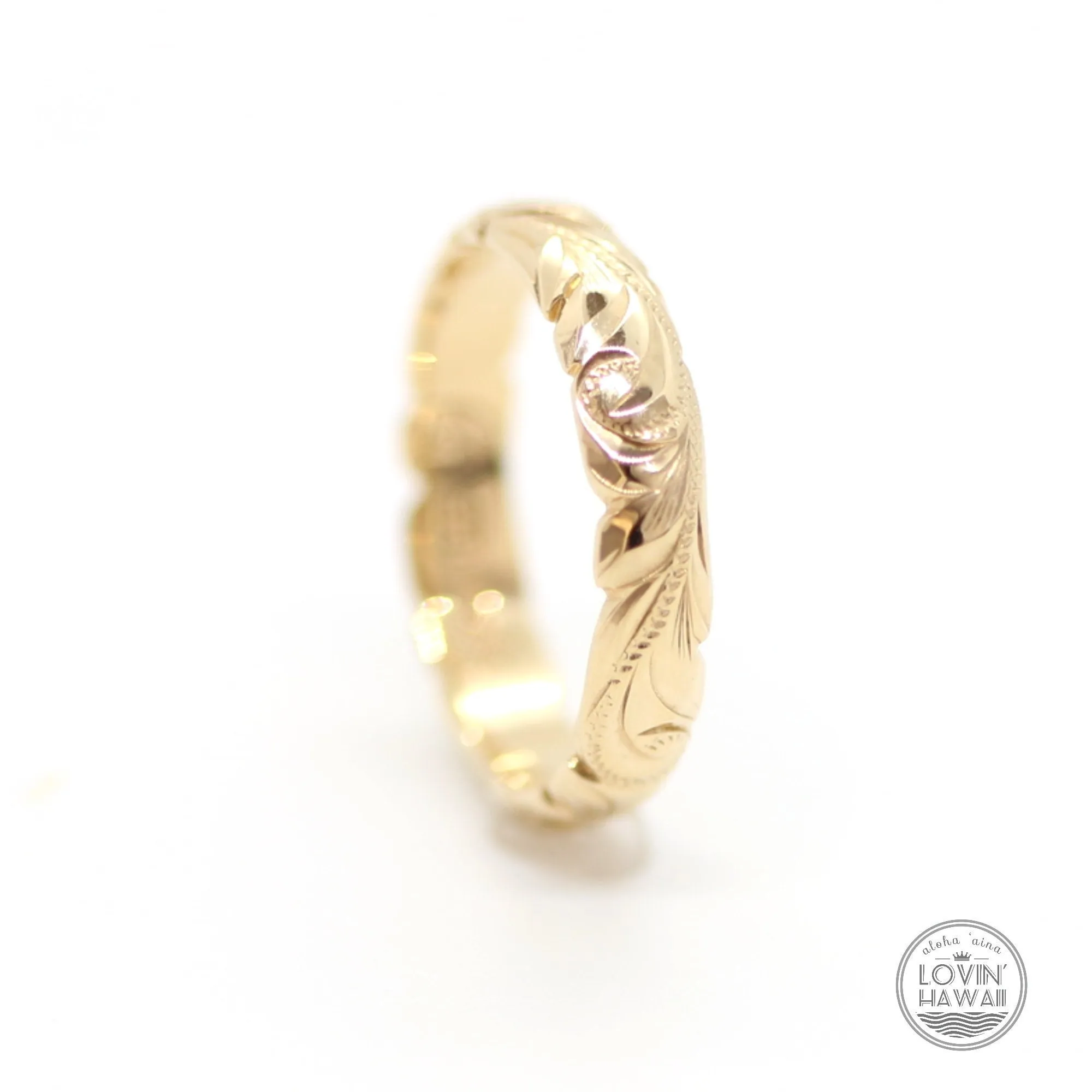 Gold Hawaii Wedding Rings, Hand Engraved Design (3mm Width, Barrel Type)