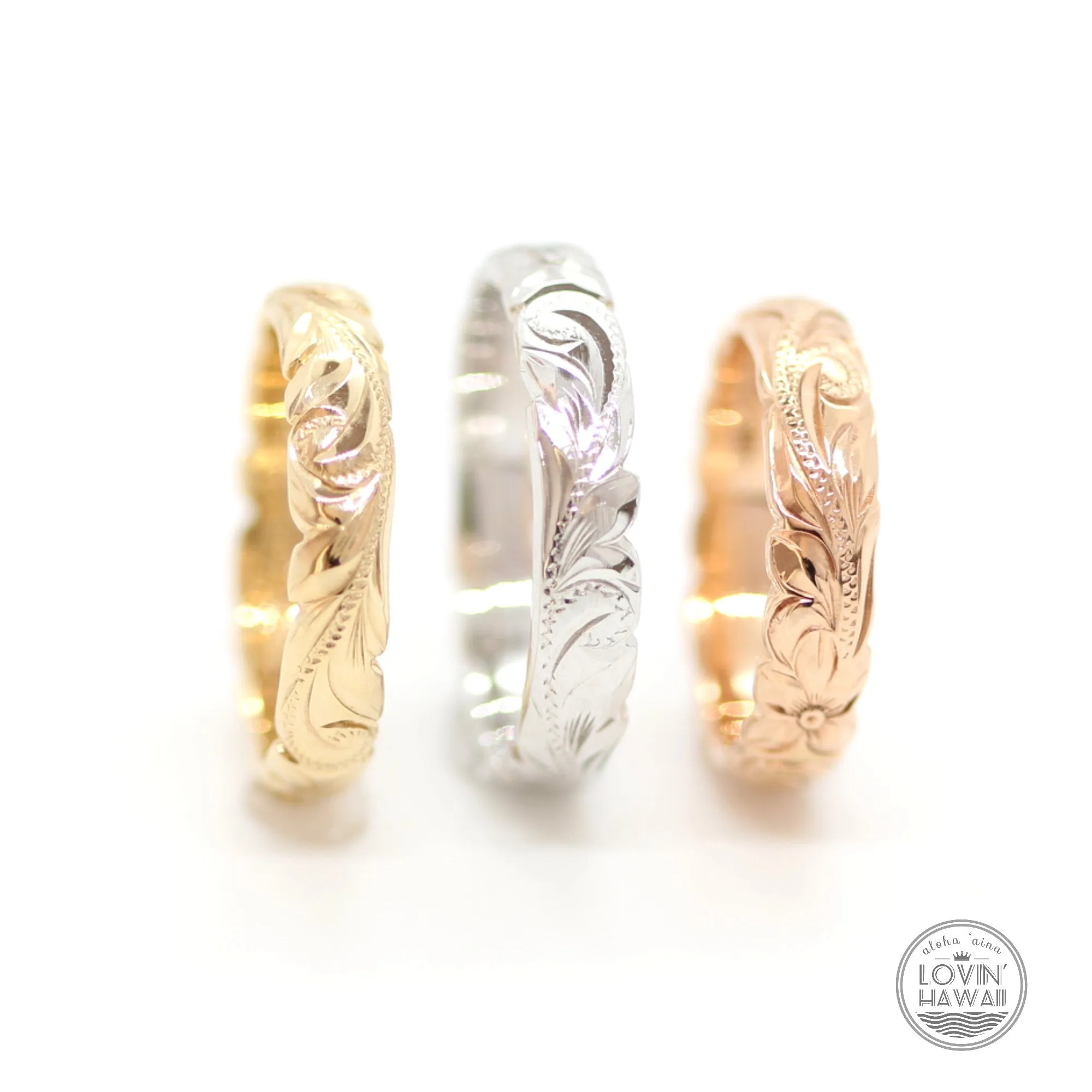 Gold Hawaii Wedding Rings, Hand Engraved Design (3mm Width, Barrel Type)
