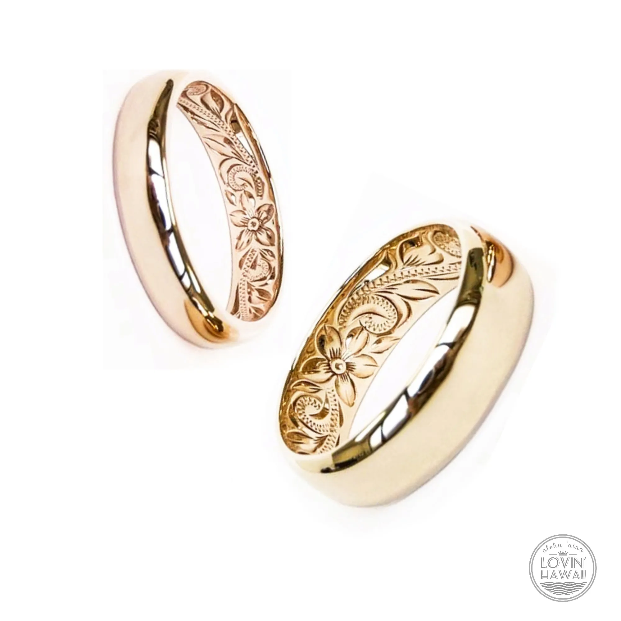 Gold Hawaiian Wedding Ring,Hand Engraved Design (4MM,  Barrel Style)