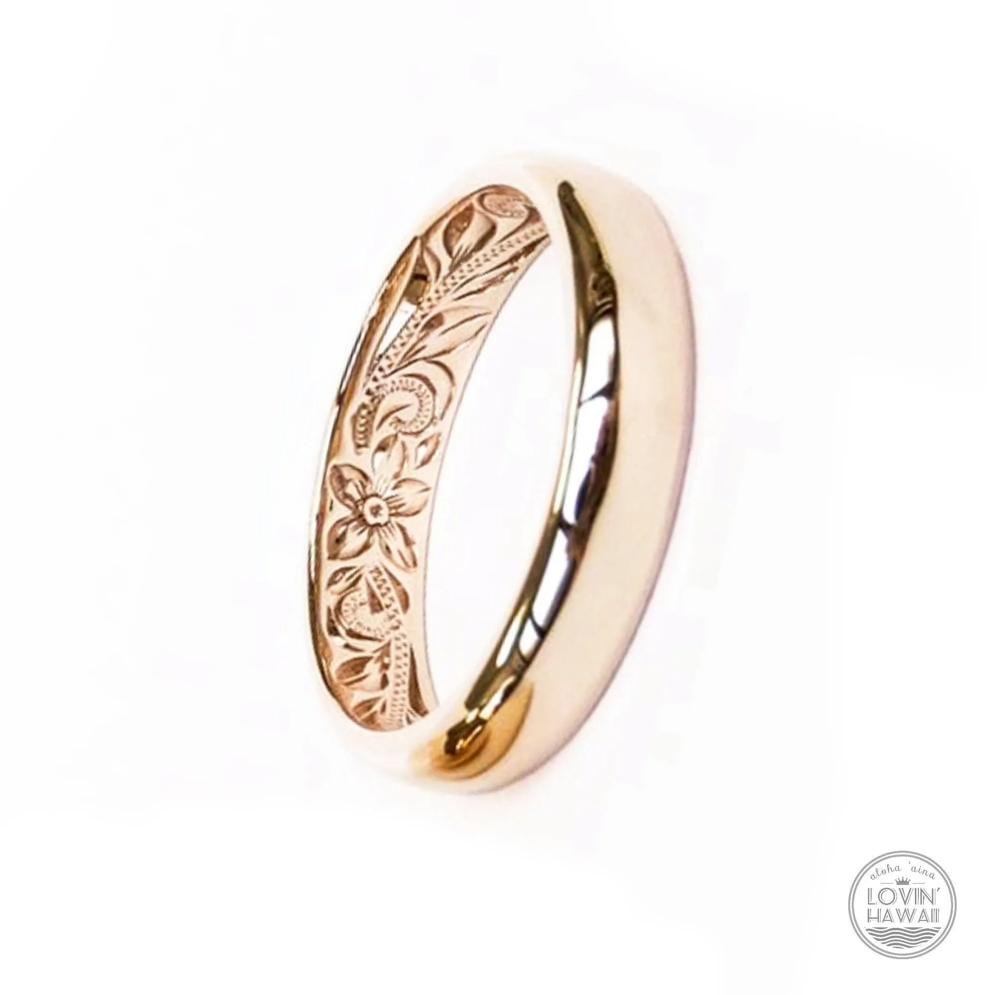 Gold Hawaiian Wedding Ring,Hand Engraved Design (4MM,  Barrel Style)