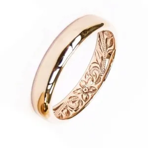Gold Hawaiian Wedding Ring,Hand Engraved Design (4MM,  Barrel Style)