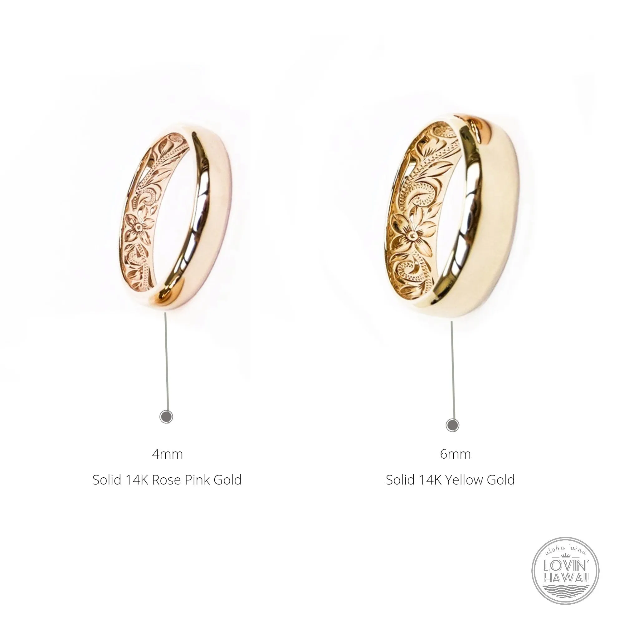 Gold Hawaiian Wedding Ring,Hand Engraved Design (4MM,  Barrel Style)