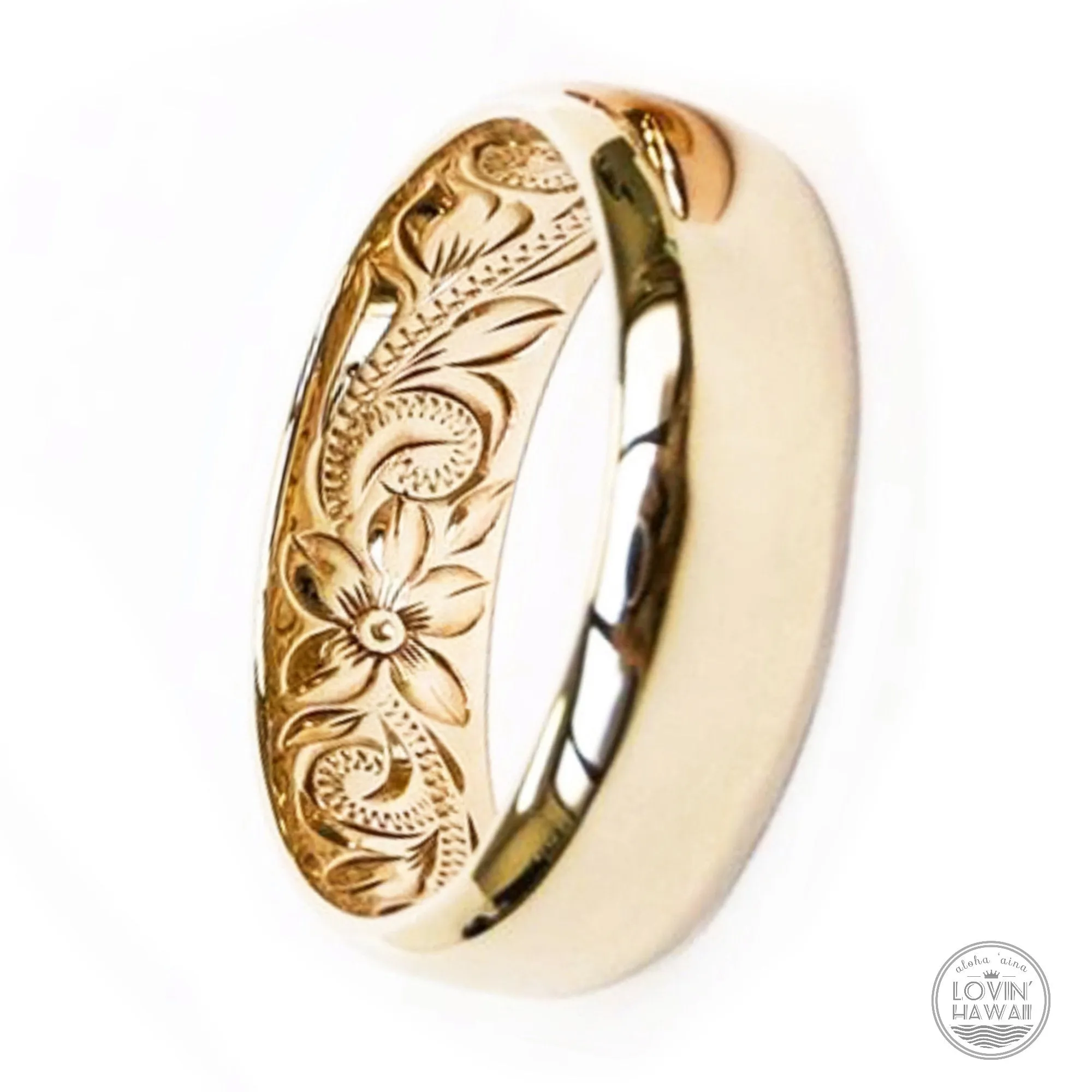 Gold Hawaiian Wedding Ring,Hand Engraved Design (4MM,  Barrel Style)