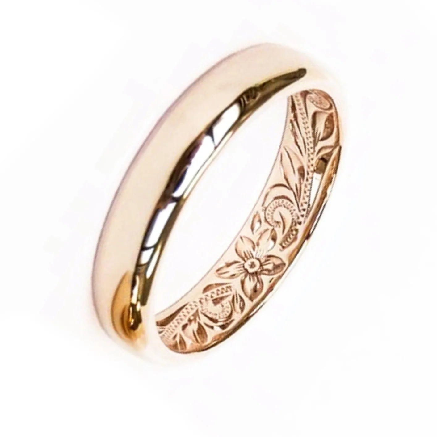 Gold Hawaiian Wedding Ring,Hand Engraved Design (4MM,  Barrel Style)