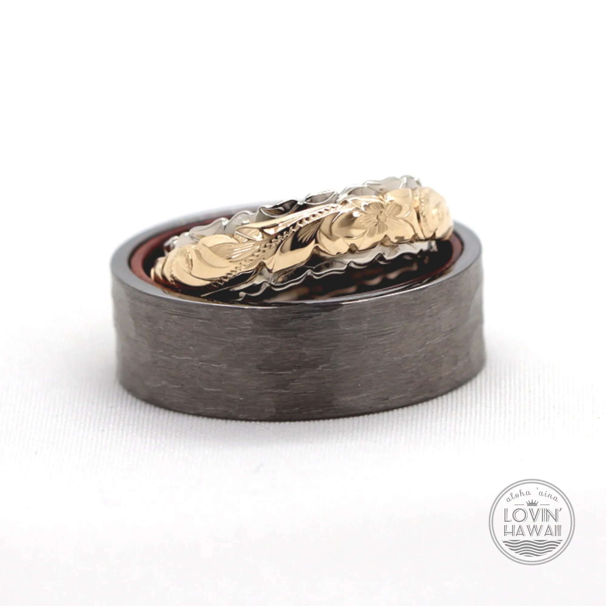 Gold Hawaiian Wedding Rings Set  (6mm & 8mm width)