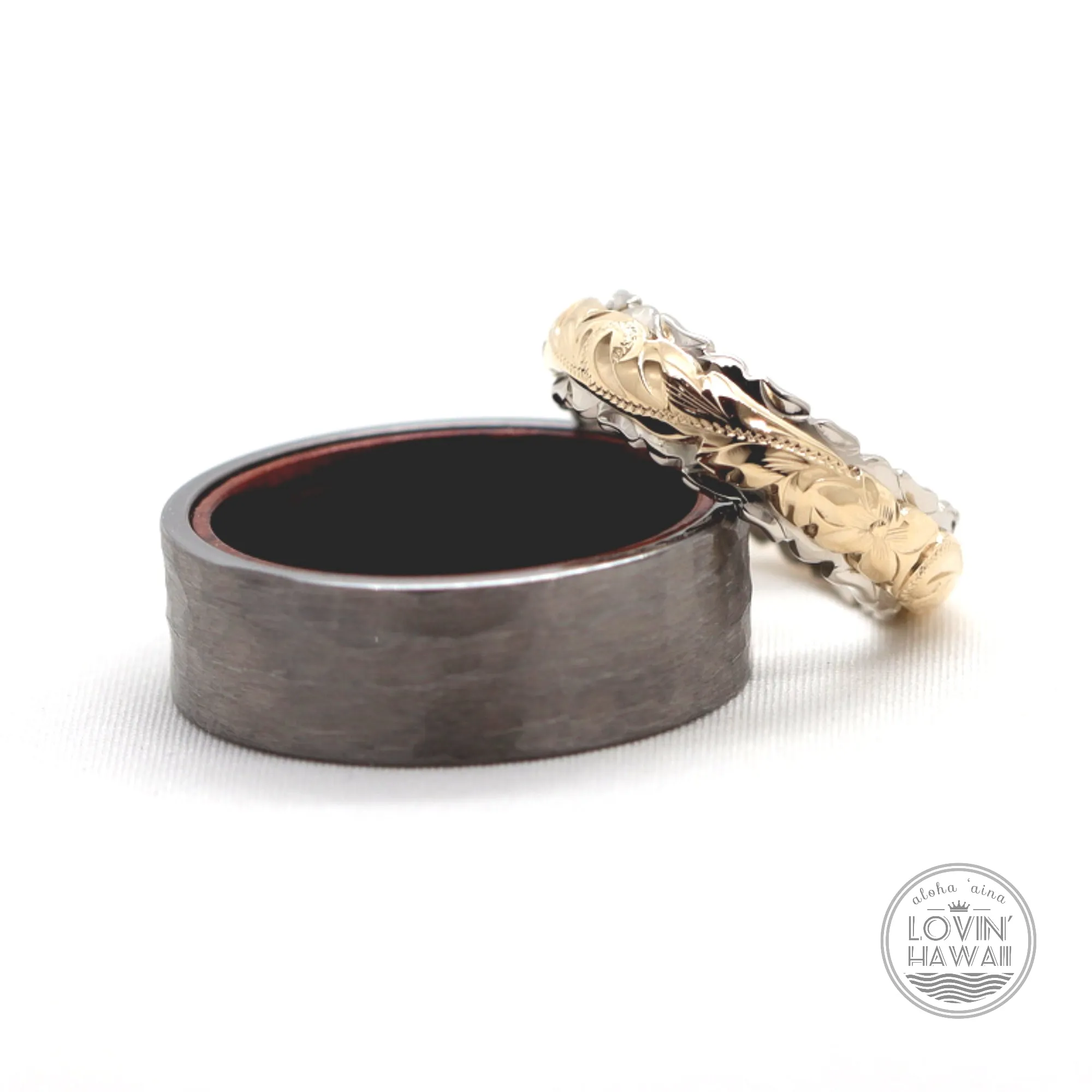 Gold Hawaiian Wedding Rings Set  (6mm & 8mm width)