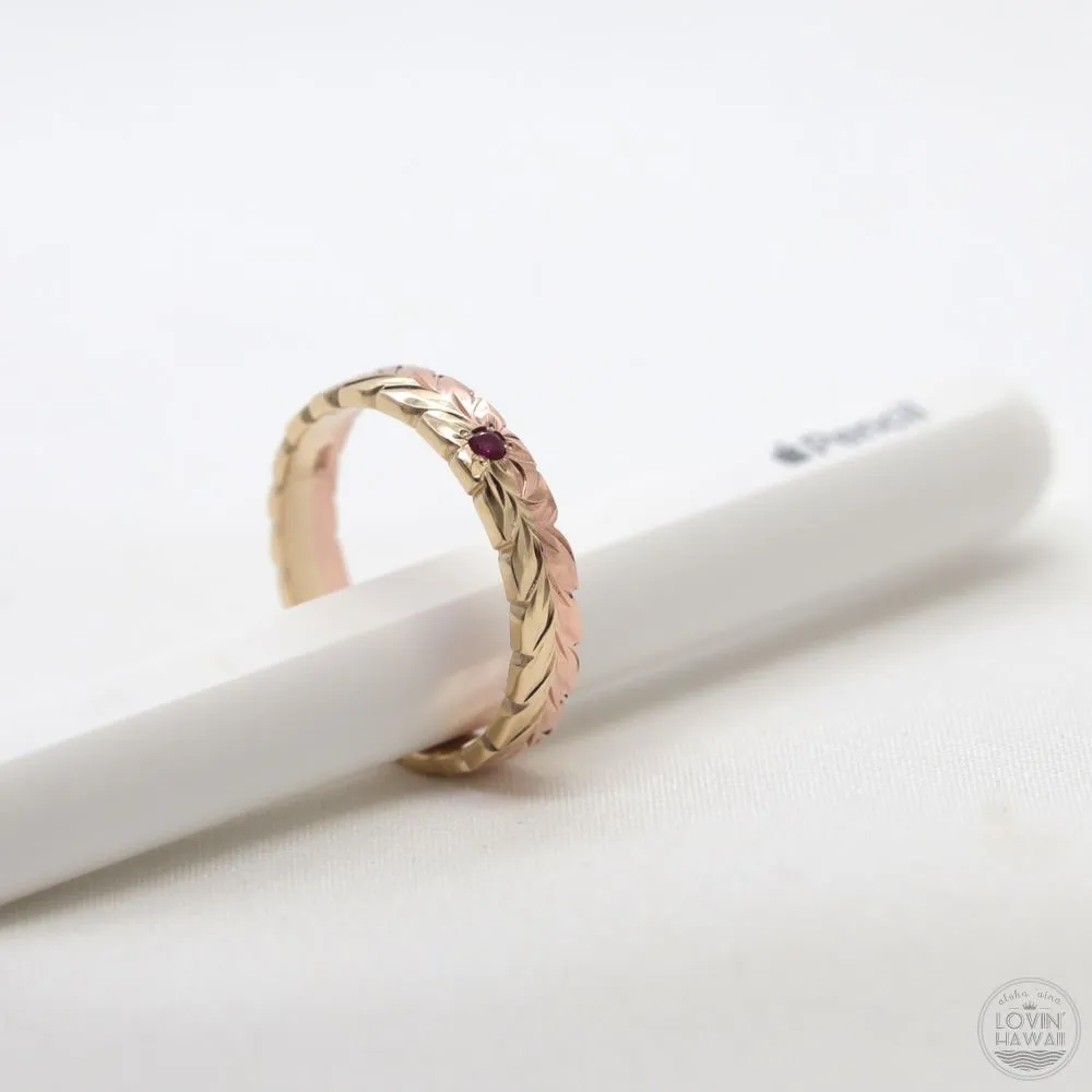 Gold Ring With Ruby, Engraved With Maile Design (4MM Width)