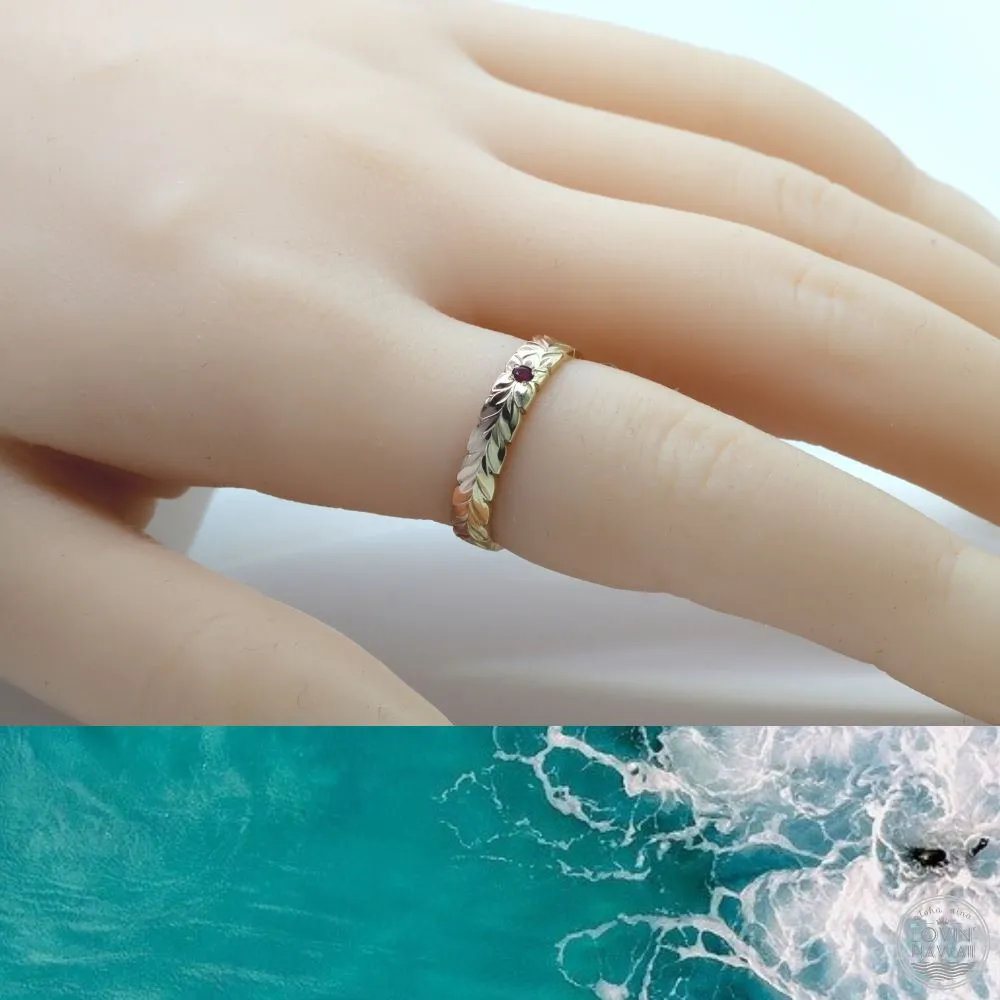 Gold Ring With Ruby, Engraved With Maile Design (4MM Width)