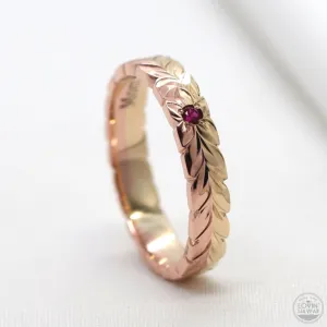 Gold Ring With Ruby, Engraved With Maile Design (4MM Width)