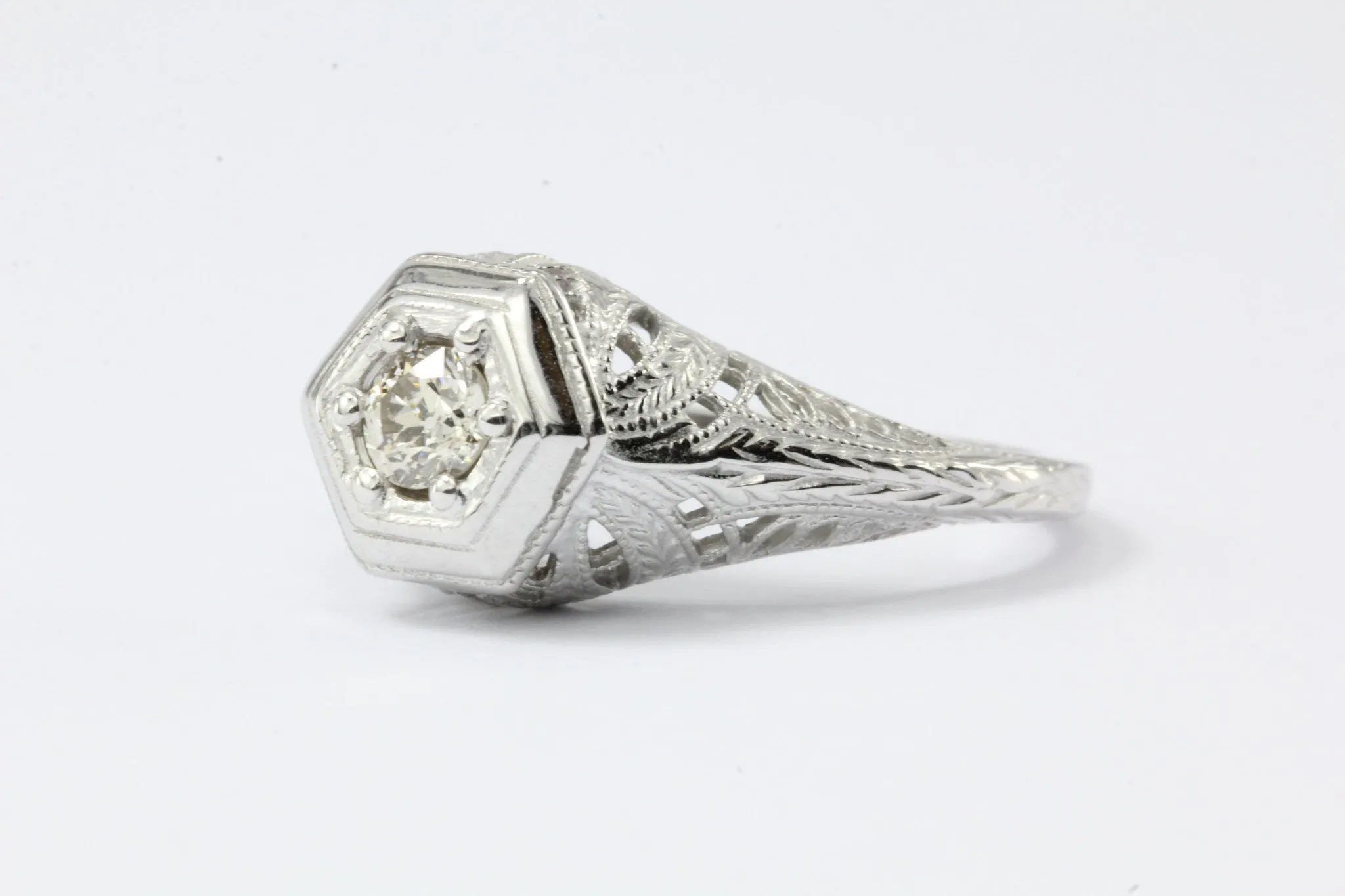 Gorgeous Art Deco 14K White Gold Old European Cut Diamond Engagement Ring c.1920