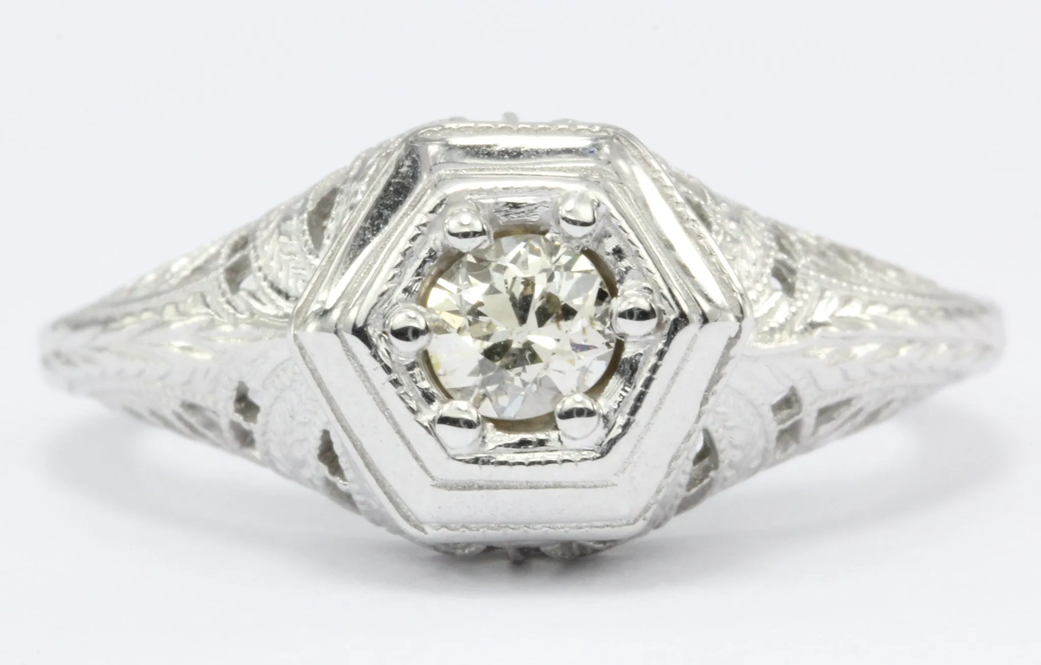 Gorgeous Art Deco 14K White Gold Old European Cut Diamond Engagement Ring c.1920
