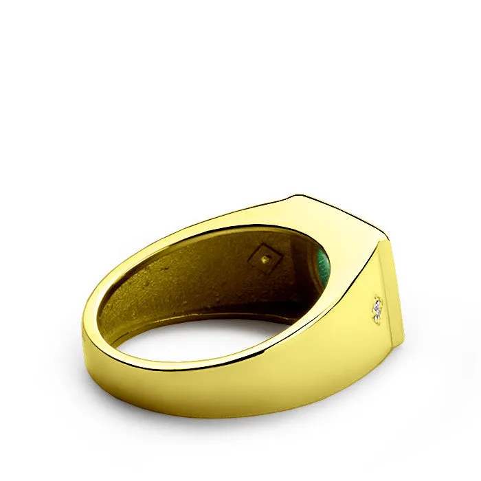 Green Emerald Ring for Men in 14k Yellow Gold with Genuine Diamonds