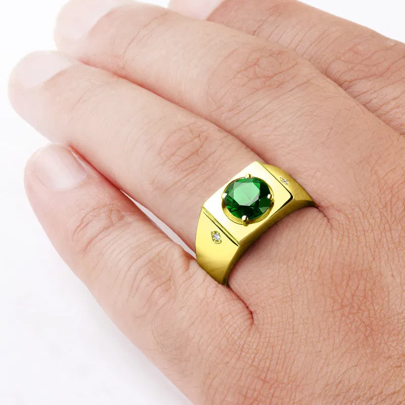 Green Emerald Ring for Men in 14k Yellow Gold with Genuine Diamonds