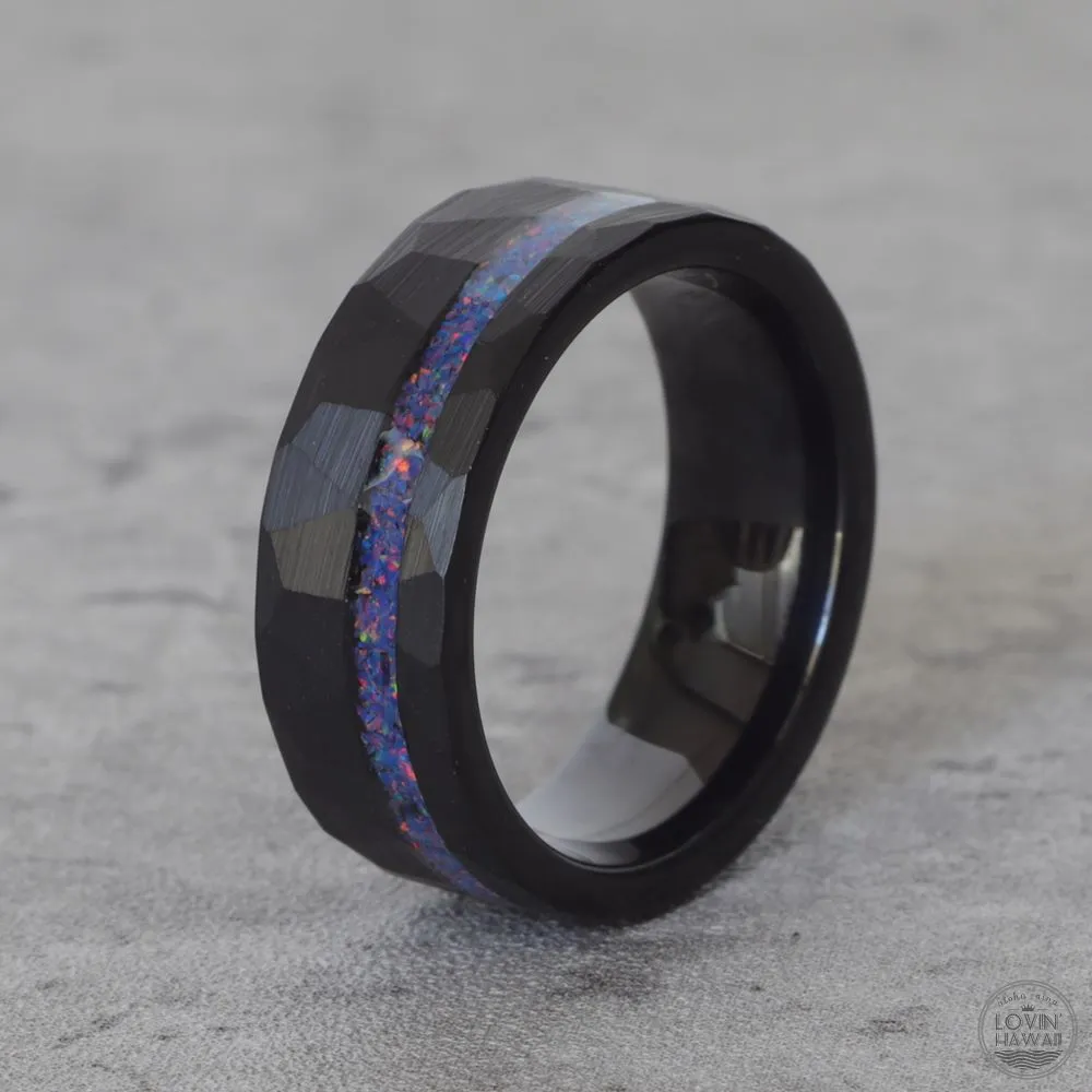 Hammered Wedding Band Mens Style with Opal Inlay (8mm Width, Comfort Fit)