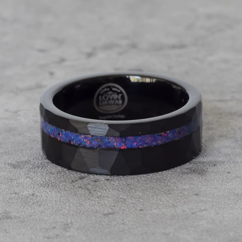 Hammered Wedding Band Mens Style with Opal Inlay (8mm Width, Comfort Fit)
