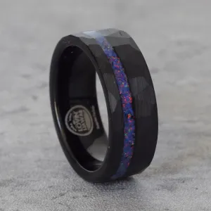 Hammered Wedding Band Mens Style with Opal Inlay (8mm Width, Comfort Fit)