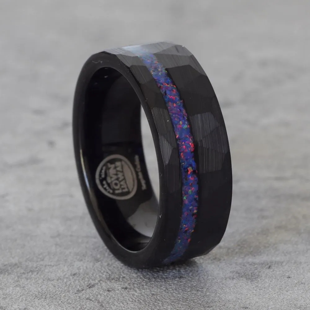 Hammered Wedding Band Mens Style with Opal Inlay (8mm Width, Comfort Fit)