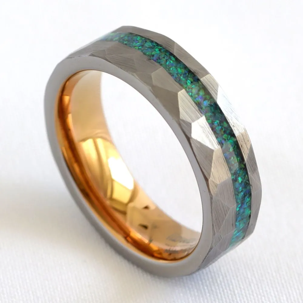 Hammered Wedding Band with Green And Blue Opal Inlay (6mm Width)