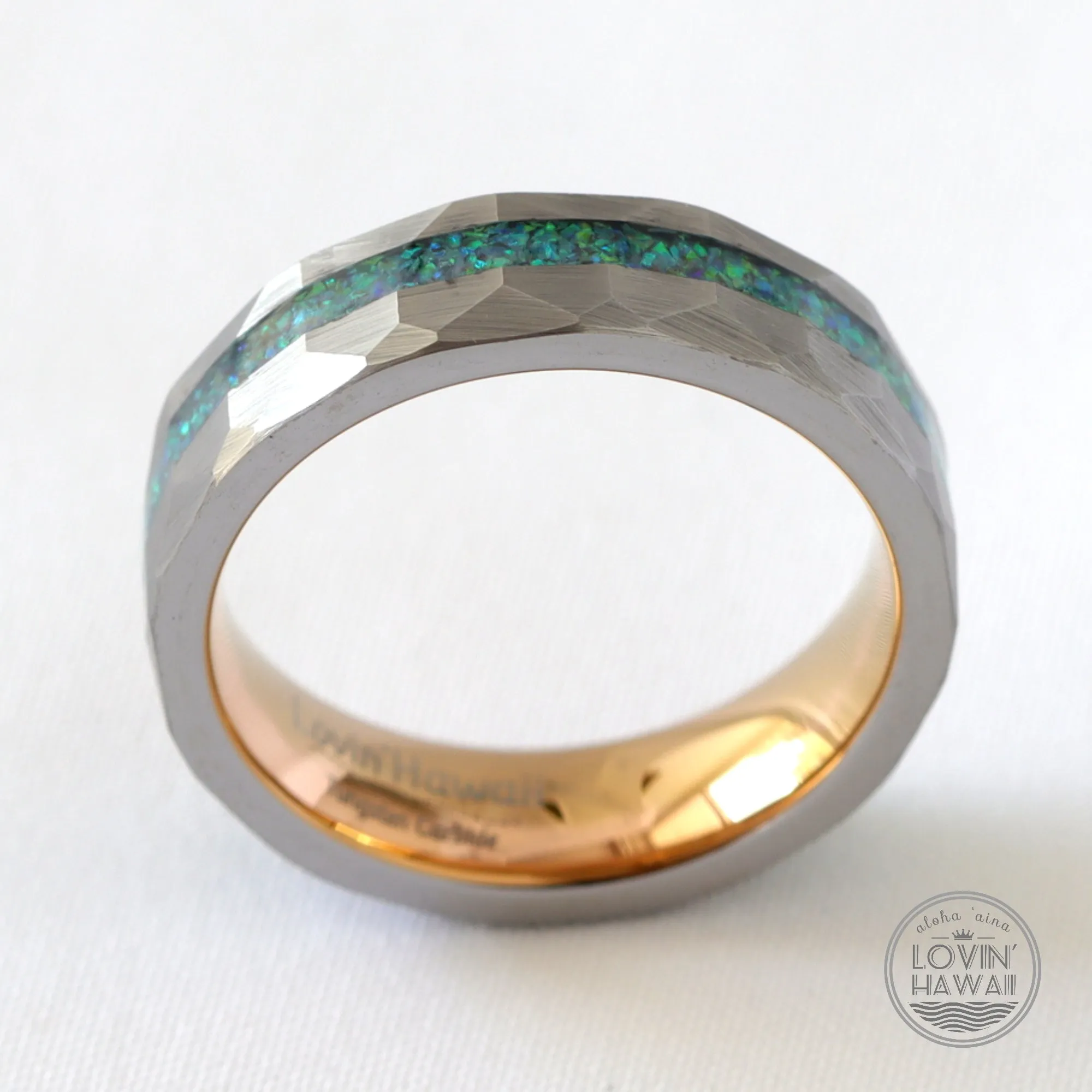 Hammered Wedding Band with Green And Blue Opal Inlay (6mm Width)