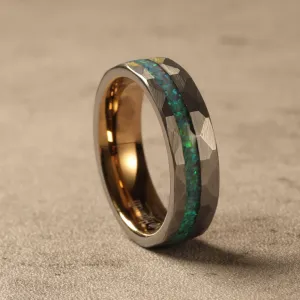 Hammered Wedding Band with Green And Blue Opal Inlay (6mm Width)
