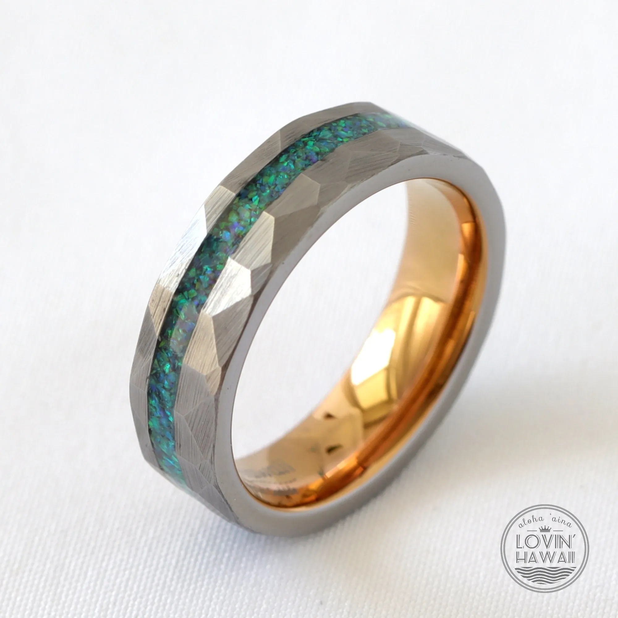Hammered Wedding Band with Green And Blue Opal Inlay (6mm Width)