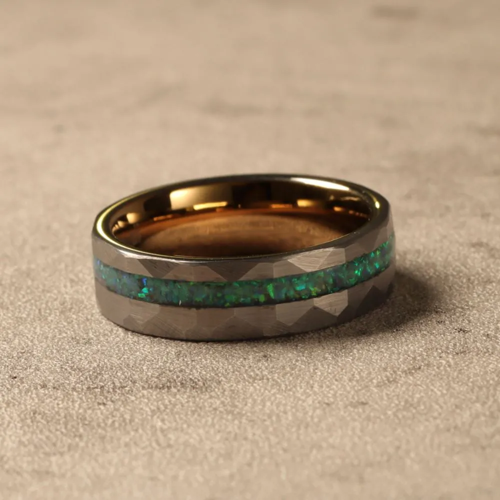 Hammered Wedding Band with Green And Blue Opal Inlay (6mm Width)