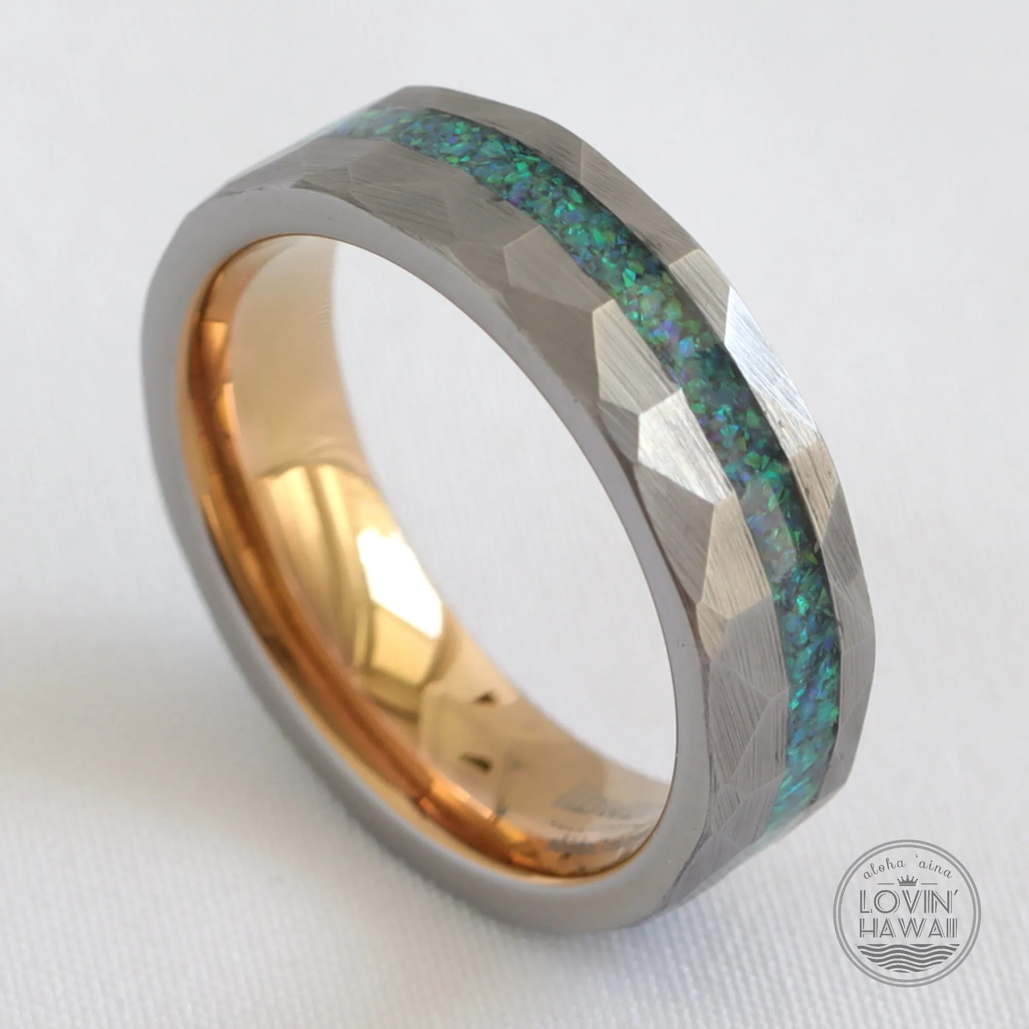 Hammered Wedding Band with Green And Blue Opal Inlay (6mm Width)